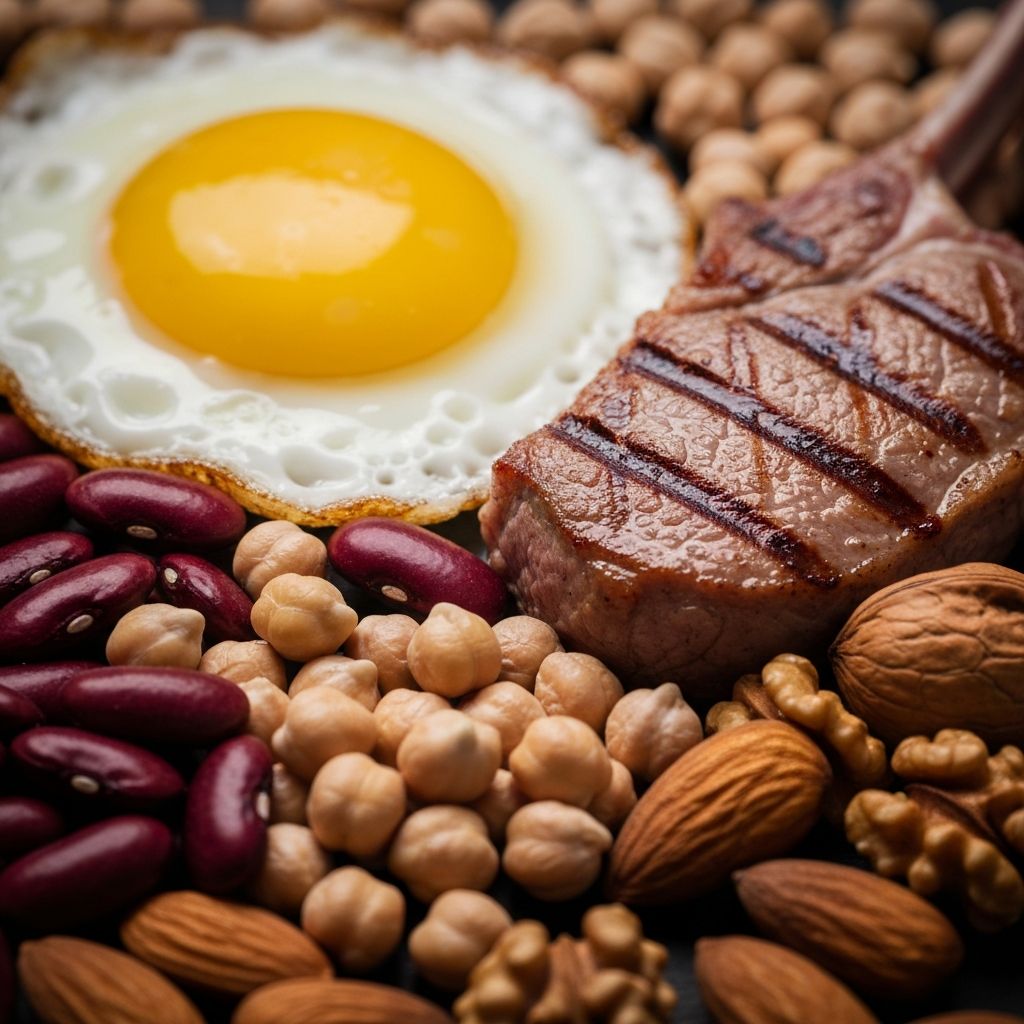 Makronährstoffe-Quellen: Eier, Fleisch, Hülsenfrüchte